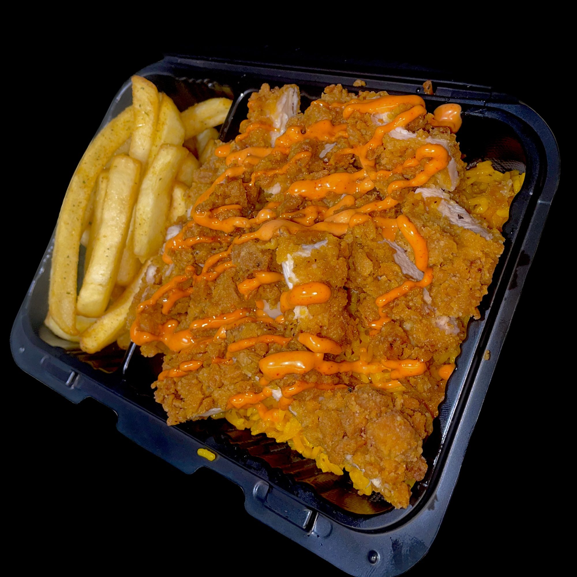 Crispy Chicken Over Rice.