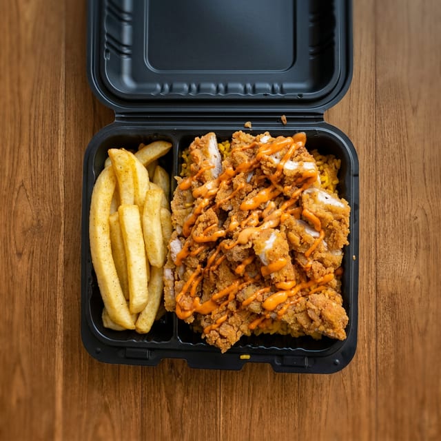 Crispy Chicken Over Rice.